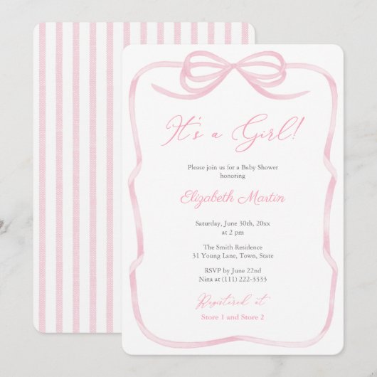 Het is een meisje  roze lint boog Baby shower Kaart (Voorkant / Achterkant)