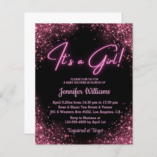 het is een meisje , roze neon baby shower uitnodig (Voorkant / Achterkant)