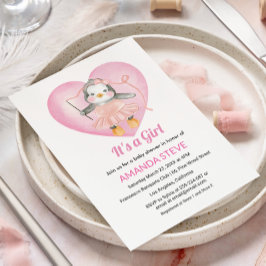 Het is een meisje roze pinguïn wit baby shower kaart