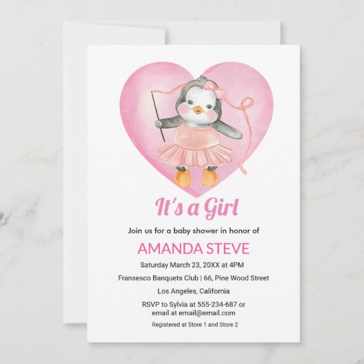 Het is een meisje roze pinguïn wit baby shower kaart (Voorkant)