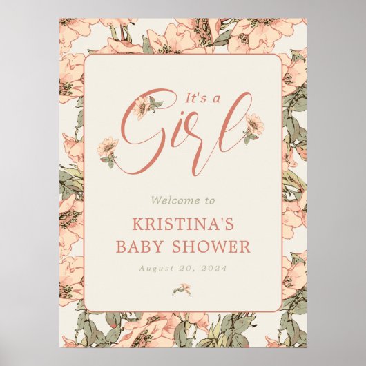 Het is een Meisje Roze Rozen Baby shower Welkom Poster (Voorkant)