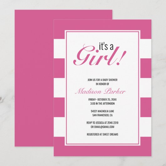 Het is een meisje roze strepen uitnodiging (Voorkant / Achterkant)
