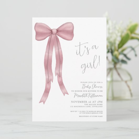 Het is een meisje roze strik Baby shower Kaart (Staand voorkant)