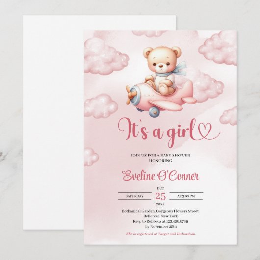 Het is een meisje roze teddybeer piloot met vliegt kaart (Voorkant / Achterkant)