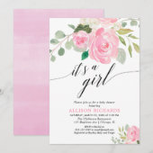 Het is een meisje roze waterverf bloemig baby show kaart (Voorkant / Achterkant)
