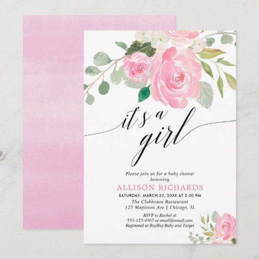 Het is een meisje roze waterverf bloemig baby show kaart (Voorkant / Achterkant)