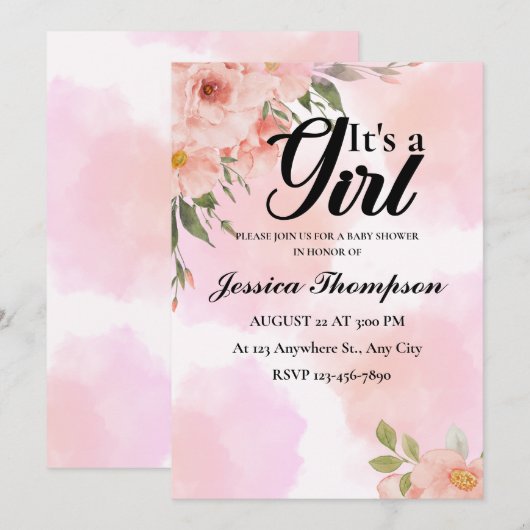 Het is een Meisje Roze Waterverf Modern Baby showe Kaart (Voorkant / Achterkant)