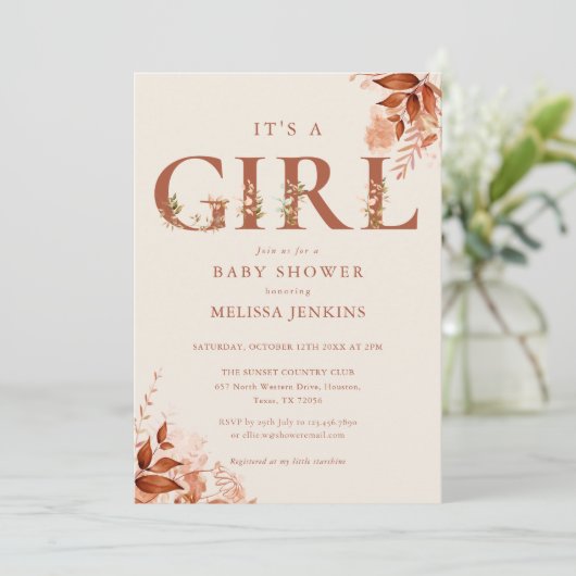 Het is een meisje Rustieke bloemrijke letter Herfs Kaart (Staand voorkant)