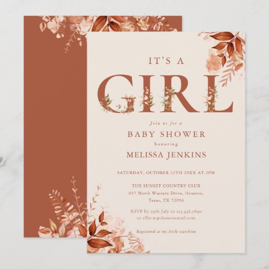 Het is een meisje Rustieke bloemrijke letter Herfs Kaart (Voorkant / Achterkant)