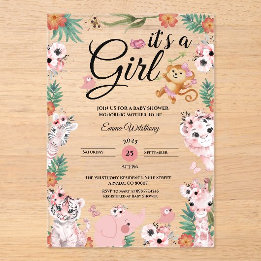 Het is een meisje safari meisje roze Baby shower O Acryl Uitnodigingen (Voorkant)