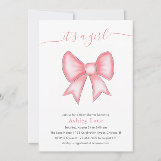 Het is een meisje schattig roze boog Baby shower Kaart (Voorkant)