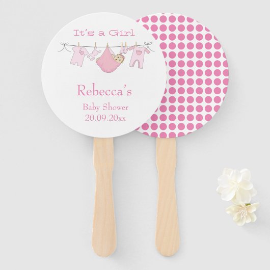 Het is een meisje schattig roze stippen Baby showe Handwaaier (Voorkant en achterkant)