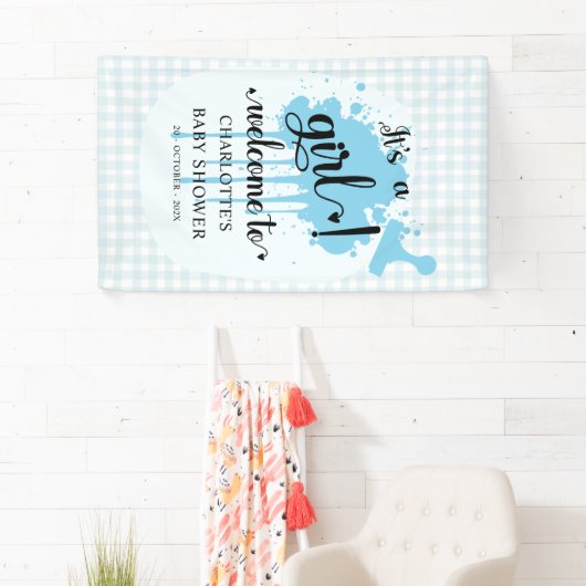 Het is een meisje Schattige Pastel Blue Gingham Ba Spandoek (Insitu)
