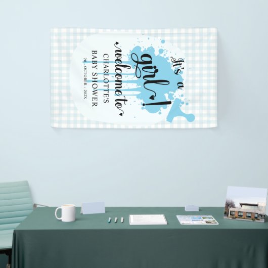 Het is een meisje Schattige Pastel Blue Gingham Ba Spandoek (Beurs)