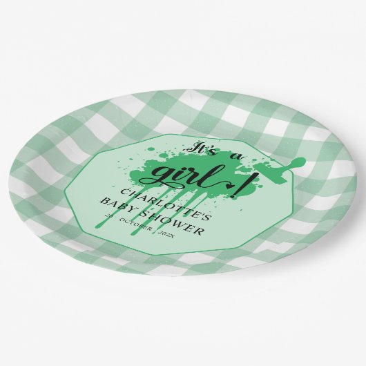 Het is een meisje Schattige Pastel Green Gingham B Papieren Bordje (Gekanteld)