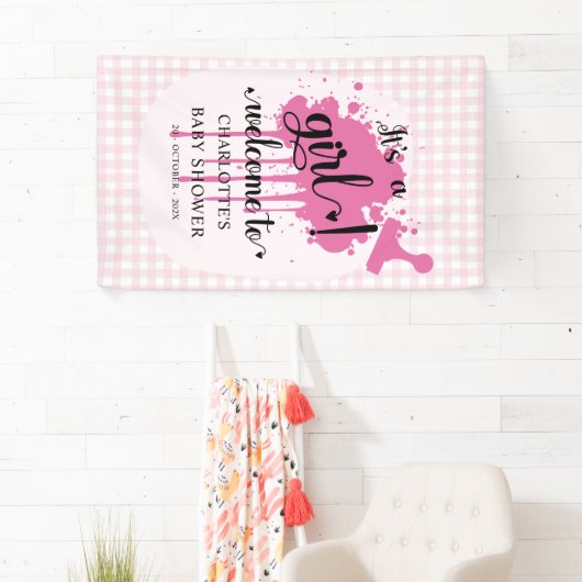 Het is een meisje Schattige pastel roze gingham Ba Spandoek (Insitu)