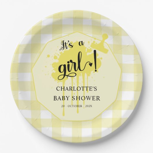 Het is een meisje Schattige Pastel Yellow Gingham Papieren Bordje (Voorkant)