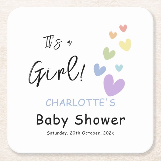 Het is een meisje! Schattigee en kleurrijke harten Kartonnen Onderzetters (Voorkant)