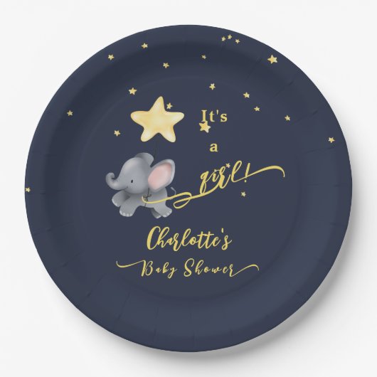 Het is een meisje! Schattigee olifant en ballon Ba Papieren Bordje (Voorkant)