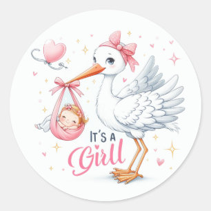 Het is een meisje Schattigee ooievaar met een baby Ronde Sticker