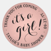 Het is een meisje! Script Baby shower Roze en Zwar Ronde Sticker (Voorkant)