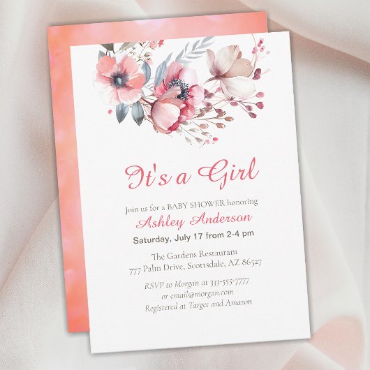 Het is een meisje, scripttekst, bloemen, Baby show Kaart