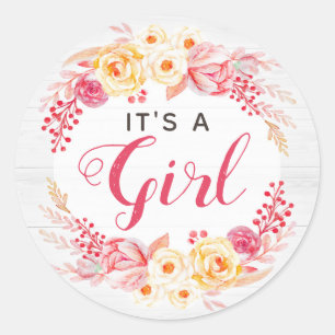 Het is een meisje shabby chic rustieke bloemen bab ronde sticker