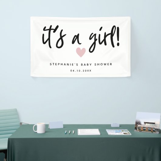 Het is een meisje Simple Pink Heart Baby shower Spandoek (Beurs)