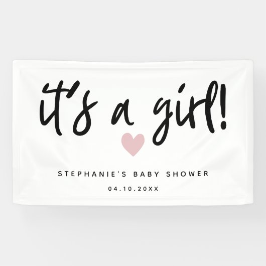 Het is een meisje Simple Pink Heart Baby shower Spandoek (Horizontaal)