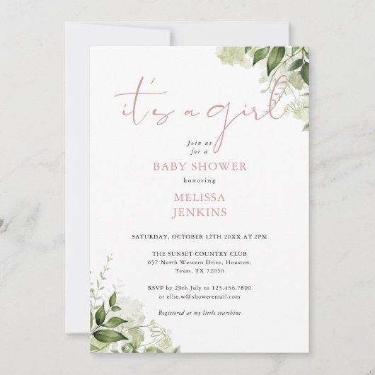 Het is een meisje stoffige Roos groen Baby shower Kaart (Voorkant)