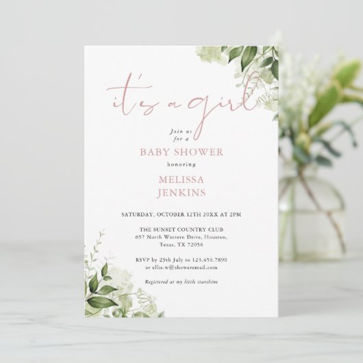 Het is een meisje stoffige Roos groen Baby shower Kaart (Staand voorkant)