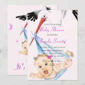 Het is een Meisje Stork Baby Meisje Douche Invitat (Voorkant / Achterkant)