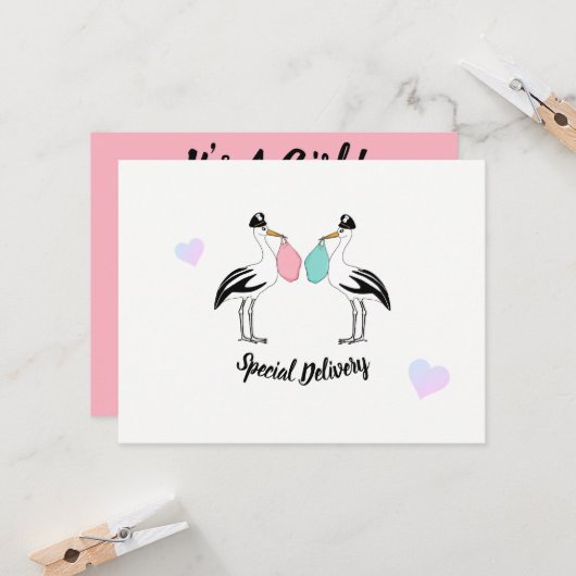 Het is een meisje Stork levering Baby shower Sprin Kaart (Voorkant / Achterkant in situ)