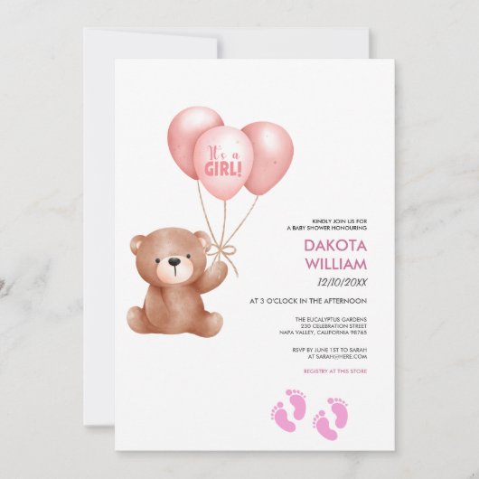 Het Is Een Meisje Teddybeer Ballon Baby Shower Kaart (Voorkant)