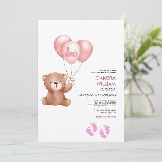 Het Is Een Meisje Teddybeer Ballon Baby Shower Kaart (Staand voorkant)