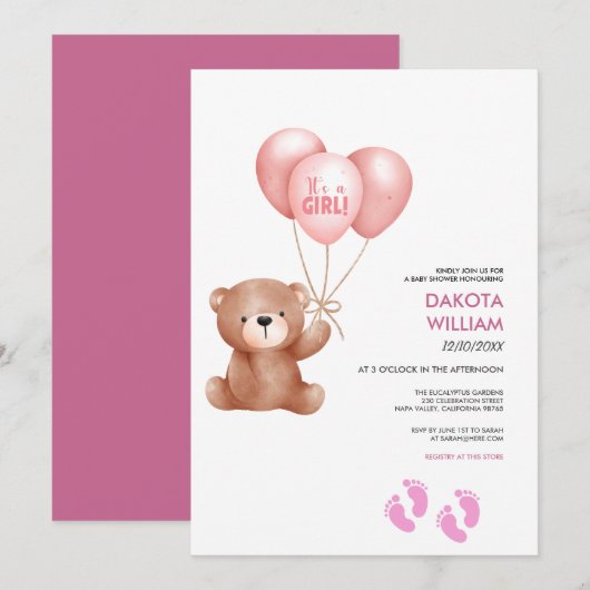 Het Is Een Meisje Teddybeer Ballon Baby Shower Kaart (Voorkant / Achterkant)