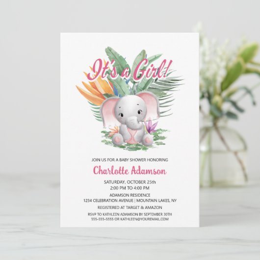 Het is een meisje! Tropische babyolifant babyfeest Kaart (Staand voorkant)