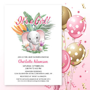 Het is een meisje! Tropische babyolifant babyfeest Kaart