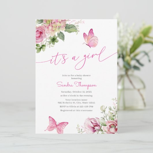 Het is een meisje vlinder bloemig Baby shower Kaart (Staand voorkant)