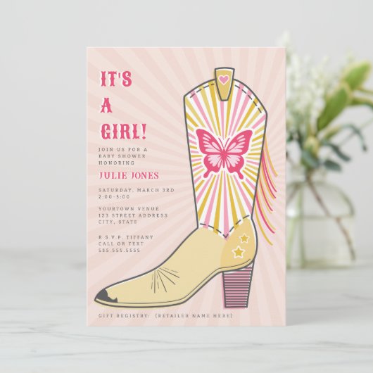 Het is een meisje vlinder cowboy boot Baby shower Kaart (Staand voorkant)