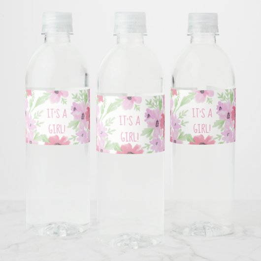 Het is een meisje, Waterverf Bloemen Baby shower Waterfles Etiket (Flessen)