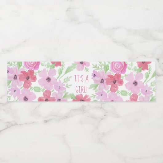 Het is een meisje, Waterverf Bloemen Baby shower Waterfles Etiket (Enkel label)