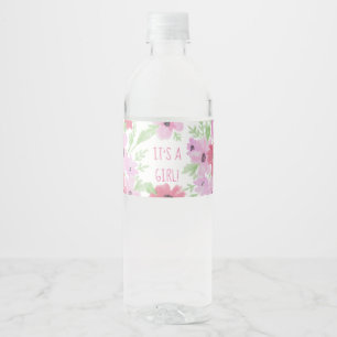 Het is een meisje, Waterverf Bloemen Baby shower Waterfles Etiket