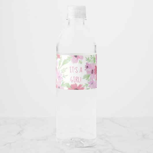Het is een meisje, Waterverf Bloemen Baby shower Waterfles Etiket (Voorkant)