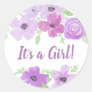 Het is een meisje, Waterverf Paars Floral Baby sho Ronde Sticker