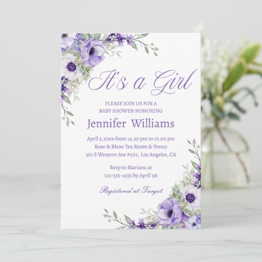 Het is een meisje, waterverf Purple Flowers baby s Kaart (Staand voorkant)