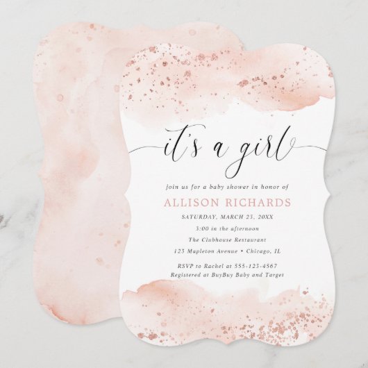 Het is een meisje waterverf roos gouden blush roze kaart (Voorkant / Achterkant)