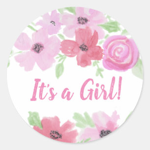 Het is een meisje, Waterverf roze bloemige Baby sh Ronde Sticker