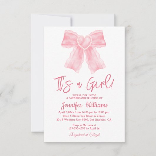 Het is een meisje waterverf roze boog baby shower kaart (Voorkant)