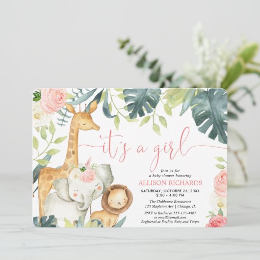 Het is een meisje waterverf safari dieren baby sho kaart (Staand voorkant)